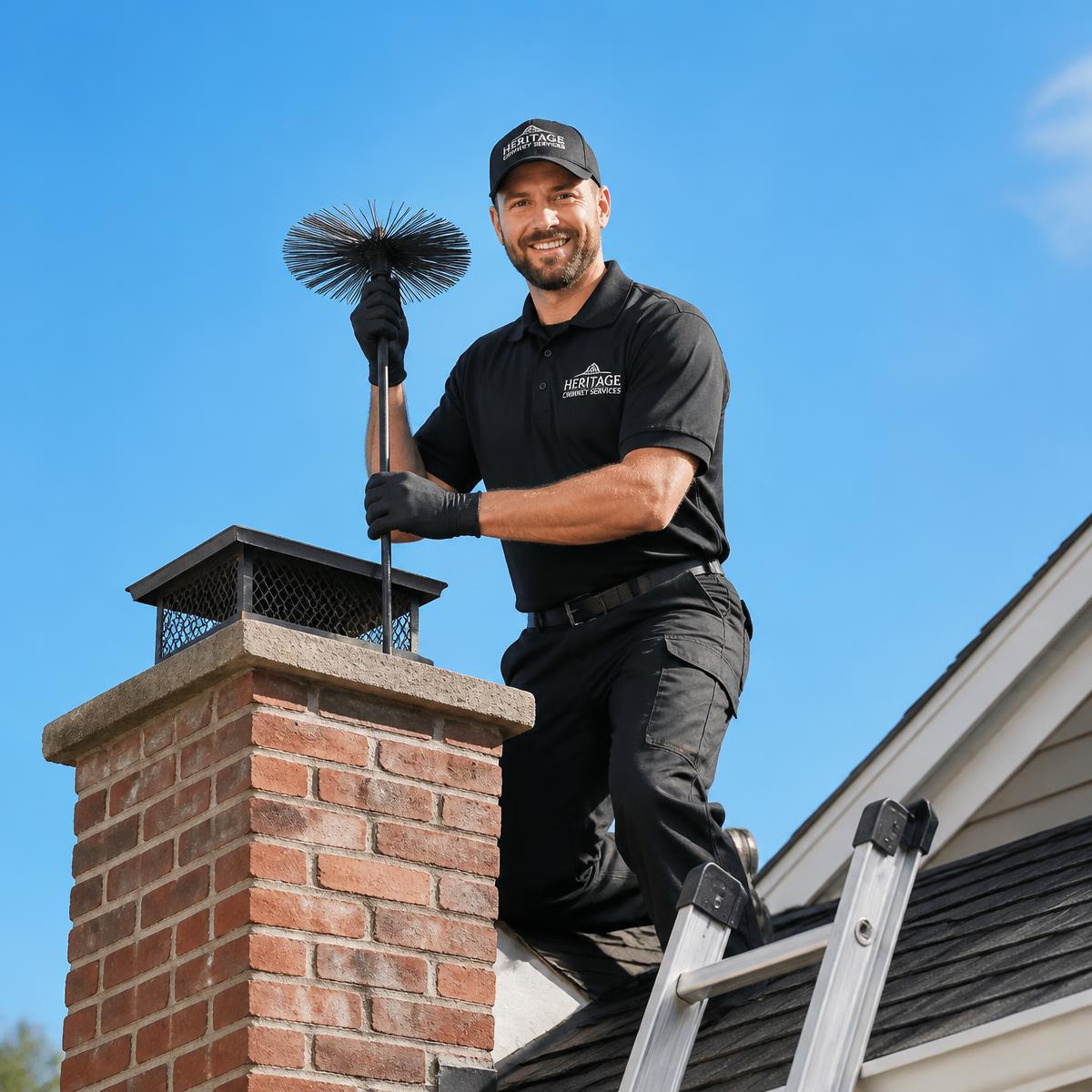 Friendly chimney technician working on a rooftop chimney under bright daylight